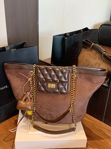 Women Large Capacity Tote Bag Suede PU Leather Patchwork Quilted Shoulder Bag With Chain Strap Fashion Casual Commuter Handbag