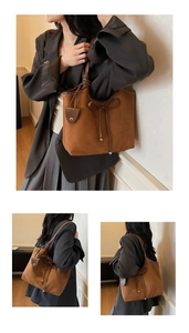 Close-up of brown matte suede tote bag featuring a delicate bow detail and metal buckle