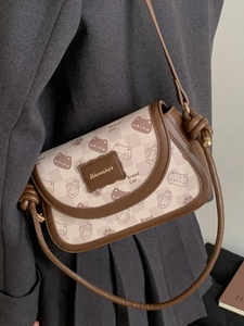 Vintage small square shoulder bag with Bread Cat print and brown contrast trim for women
