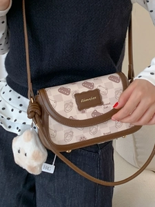 Retro cream crossbody bag with Bread Cat print and brown leather trim for women