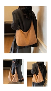 Detailed views of a brown suede tote bag showing side profiles and adjustable shoulder strap