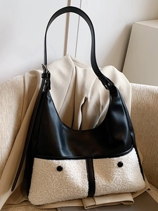 Large Capacity PU Leather Plush Patchwork Tote Bag For Women Retro Color Block Shoulder Bag Urban Fashion Hobo Handbag