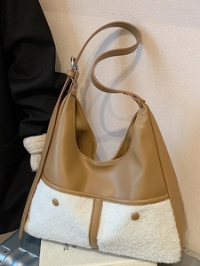 Minimalist color-block tote bag in khaki leather and white faux fur with shoulder strap