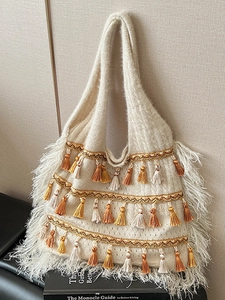 Bohemian Knit Tassels Fringe Tote Bag For Women Large Capacity Ethnic Woven Shoulder Bag Casual Travel Beach Bag
