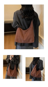 Detailed views of a brown suede hobo tote bag showing its large capacity and retro minimalist style