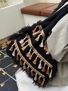 Bohemian large capacity tote bag with tassels and ethnic embroidery in autumn scene