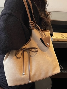 Retro large capacity beige suede tote bag with brown leather trim and bow detail for women