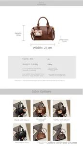 Detailed view of vintage PU leather Boston bag with specific 23x15x12cm size dimensions