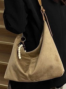 Vintage khaki suede hobo tote bag with beaded charm and large capacity for women