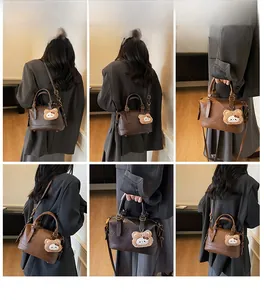 Collage of a vintage dark brown handbag showing various carrying styles and plush bear charm