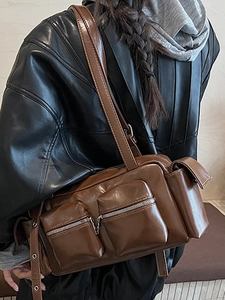 Brown vintage multi-pocket shoulder bag in polished PU leather for women's casual style