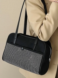 Sac fourre-tout noir en toile avec clous brillants et anses en cuir pour femmes chic