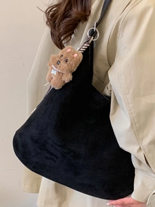 Minimalist black faux suede large tote hobo bag for women with cute bear charm