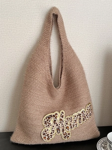 Women Large Capacity Knit Tote Bag Fluffy Autumn Winter Leopard Letter Applique Shoulder Bag Casual Fashion Handbag