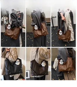 Retro large-capacity shoulder tote bag with adjustable straps and panda charm detail