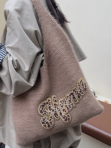 Brown knit tote bag for women featuring a leopard print Mama patch and wide shoulder strap