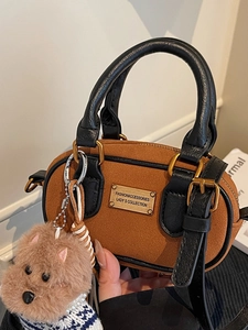 Borsa Boston Mini in Camoscio Vintage da Donna Colore a Contrasto Borsa a Tracolla Con Ciondolo Cane di Peluche Piccola Borsa a Mano