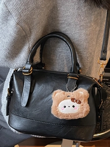 Retro black faux leather handbag with teddy bear charm and gold zippers for women
