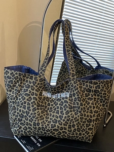 Women's Retro Leopard Print Canvas Tote Bag Large Capacity Double Sided Shoulder Bag Fashion Commuting Shopping Handbag