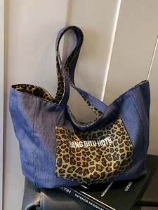 Retro large capacity denim tote bag with leopard print pocket and interior lining
