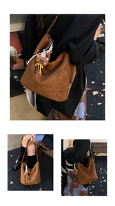Detailed views of a brown suede hobo bag featuring a cute bear charm on a street setting