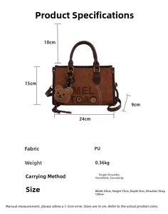 Vue détaillée des dimensions et spécifications techniques du sac en cuir PU brun