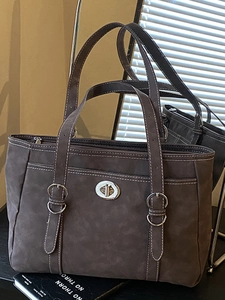 Grand Sac Cabas Vintage en Cuir PU pour Femmes Avec Surpiqûres Contrastées et Fermoir Tournant en Métal Élégant Sac à Épaule Rétro