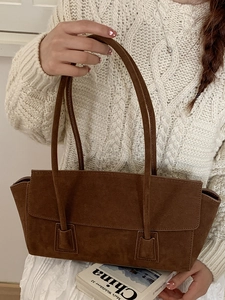 Sac fourre-tout vintage en daim marron foncé avec de longues poignées pour femmes