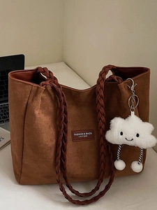 Women Large Capacity Flannel Tote Bag Urban Simple Shoulder Bag With Braided Strap Cloud Pendant Commuting Handbag