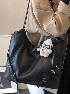 Large black PU leather tote bag with vintage silver buckles and a cute white puppy pendant