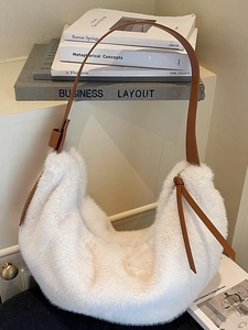 Women Plush Faux Fur Hobo Bag Crescent Shoulder Bag Soft Warm Underarm Handbag For Autumn Winter Urban Minimalist Style