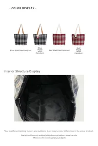Detailed interior view showing an inner pocket of a retro plaid woven tote bag