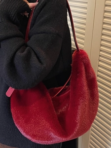 Chic red faux fur dumpling shoulder bag for women with minimalist crescent shape design