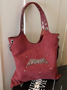 Women Gothic Punk Canvas Tote Bag Large Capacity Shoulder Bag With Gothic Metal Letters Rivets Rivet Decor Casual Commuter Handbag