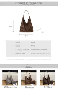Detailed spec sheet for suede leopard print tote bag with size and material information