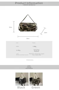Tableau de dimensions détaillé et spécifications du sac de voyage en toile camouflage