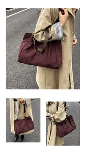 Detailed views of a burgundy suede tote bag with leather handles and gold chain accents