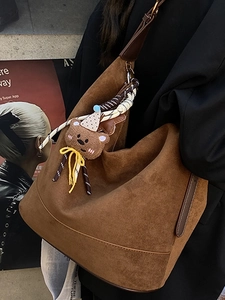 Vintage brown faux suede tote bag with bear charm and crossbody strap for women