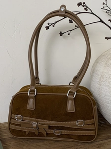 Vintage Suede Textured PU Bowling Bag For Women Ribbon Bow Buckle Decor Shoulder Bag Retro Commute Handbag Elegant Daily Bag