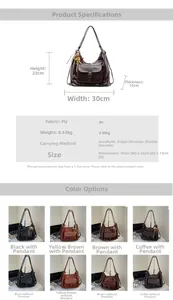 Detailed chart showing retro brown PU backpack dimensions and multiple color options
