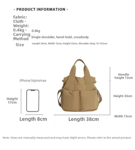 Detailed size specifications for minimalist khaki canvas crossbody bag with measurements