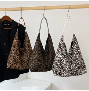 Three colors of leopard print tote bags shown in classic brown, olive green, and beige