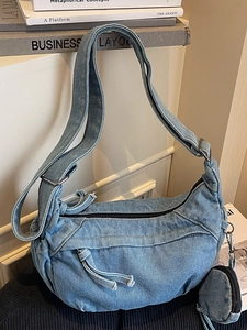 Sac à Épaule en Denim de Grande Capacité pour Femmes 2025 Automne Décontracté Lavé Sac Hobo Sac à Bandoulière avec Pochette
