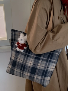 Retro blue and white plaid tweed tote bag for women featuring a cute teddy bear pendant