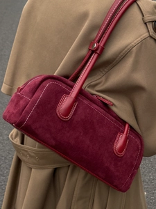 Vintage burgundy suede baguette bag with white contrast stitching for women's autumn style