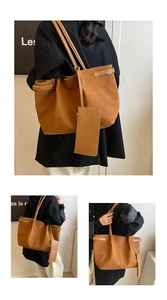 Macro detail of the brown faux suede tote bag featuring side buckles and matching pouch