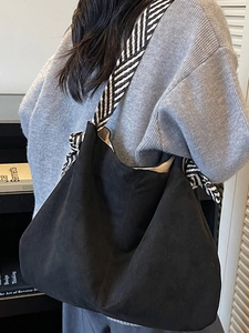 Women large capacity black suede tote bag with stylish black and white woven shoulder strap