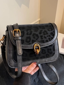 Borsa a Tracolla con Patta in Pelle PU Stampa Leopardata Retro per Donna Piccola Borsa Quadrata con Fibbia in Metallo Quotidiana