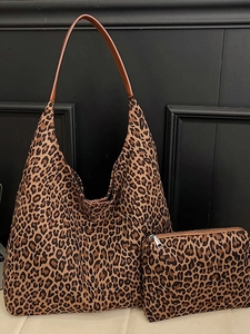 Women Suede Leopard Print Tote Bag And Small Pouch Fashion Large Capacity Shoulder Bag Urban Minimalist Casual Daily Handbag
