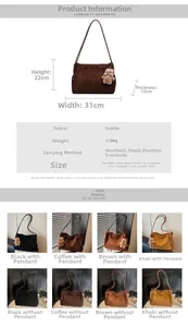 Detaillierte Größentabelle und Farbauswahl für Vintage Wildleder-Einkaufstasche mit Maßen